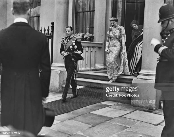 Prince George, Duke of Kent , in full ceremonial uniform, and his wife, Princess Marina, Duchess of Kent , wearing the Kent City of London Fringe...