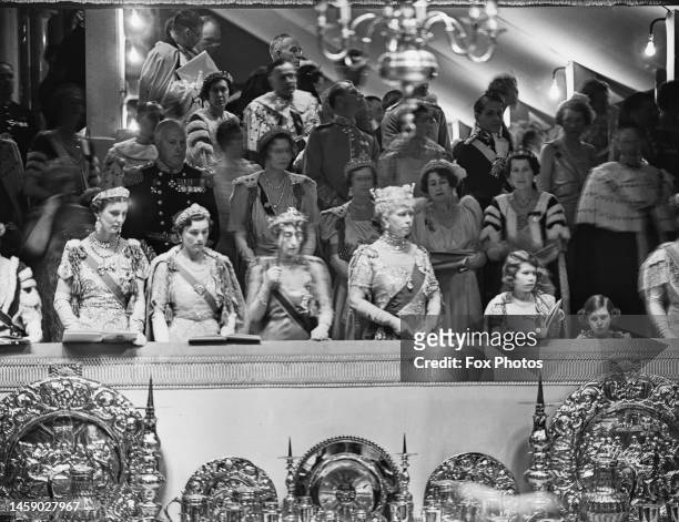 Princess Marina, Duchess of Kent , wearing the Kent City of London Fringe Tiara, Princess Alice, Duchess of Gloucester , Queen Maud of Norway , using...
