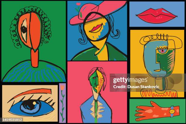 cubism style portrait collection - multiculturalism faces stock illustrations