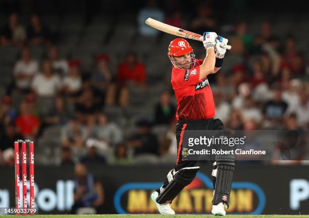 Aaron Finch of the Renegades bats during the Men's Big Bash League match between the Melbourne Renegades and the Adelaide Strikers at Marvel Stadium,...
