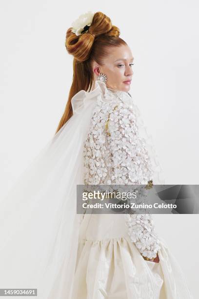 Marina Ruy Barbosa poses backstage prior to the Giambattista Valli Haute Couture Spring Summer 2023 show as part of Paris Fashion Week on January 23,...