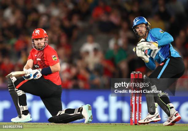 Aaron Finch of the Renegades bats during the Men's Big Bash League match between the Melbourne Renegades and the Adelaide Strikers at Marvel Stadium,...