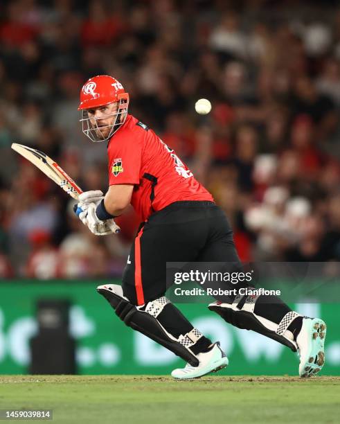 Aaron Finch of the Renegades bats during the Men's Big Bash League match between the Melbourne Renegades and the Adelaide Strikers at Marvel Stadium,...