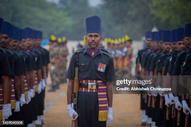 Soldiers from the Madras Sappers of the Indian Army participate in a full dress rehearsal parade to celebrate India’s Republic Day on January 24,...