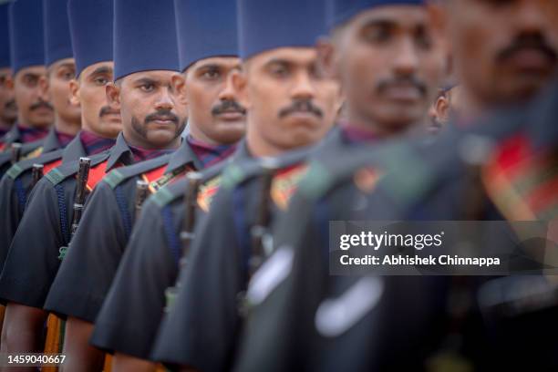 Soldiers from the Madras Sappers of the Indian Army participate in a full dress rehearsal parade to celebrate India’s Republic Day on January 24,...