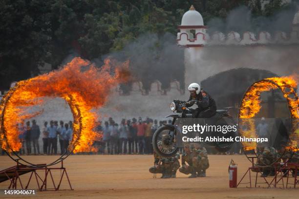 Army Service Corps 'Tornadoes' of the Indian Army participate in a full dress rehearsal parade to celebrate India’s Republic Day on January 24, 2023...