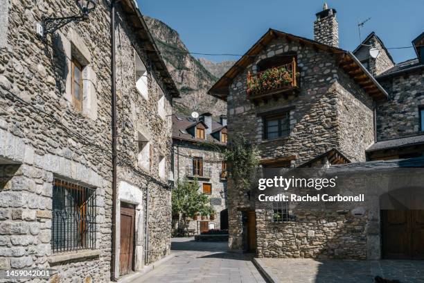 beautiful traditional style stone houses in the historic center. - huesca province stock pictures, royalty-free photos & images