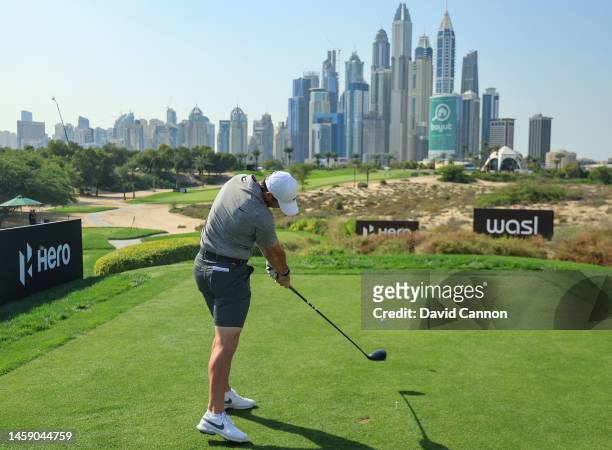 Rory McIlroy of Northern Ireland plays a driver from the 8th tee on the Majlis Course during his practice round as a preview for the Hero Dubai...