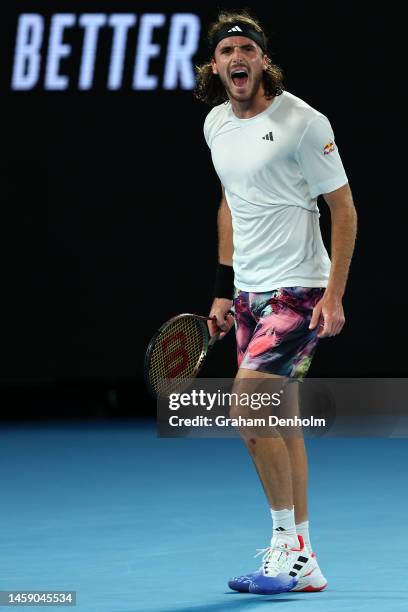 Stefanos Tsitsipas of Greece reacts in the quarterfinals singles match against Jiri Lehecka of Czech Republic during day nine of the 2023 Australian...