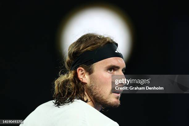 Stefanos Tsitsipas of Greece reacts in the quarterfinals singles match against Jiri Lehecka of Czech Republic during day nine of the 2023 Australian...