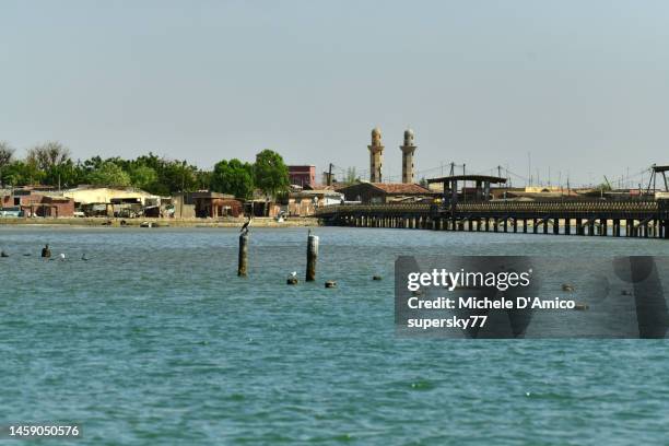 poles and bridges i the lagoon water - senegal monument stock pictures, royalty-free photos & images