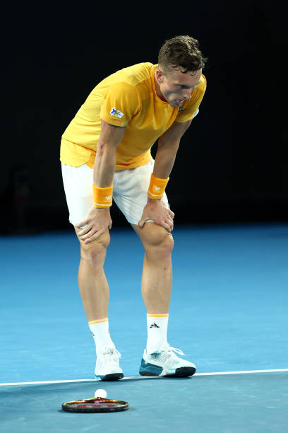 Jiri Lehecka of Czech Republic reacts in the quarterfinals singles match against Stefanos Tsitsipas of Greece during day nine of the 2023 Australian...