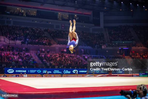 November 1: Jade Carey of the United States performs her floor routine during the Women's Team Final at the World Gymnastics Championships-Liverpool...