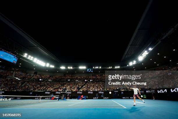 Stefanos Tsitsipas of Greece plays a backhand in the quarterfinals singles match against Jiri Lehecka of Czech Republic during day nine of the 2023...