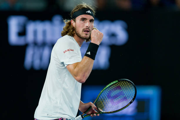 Stefanos Tsitsipas of Greece celebrates winning a point in the quarterfinals singles match against Jiri Lehecka of Czech Republic during day nine of...