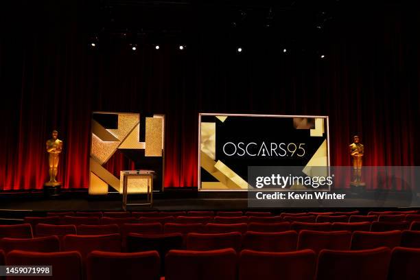 View of the podium and the Oscar statue before the announcement of the 95th Academy Award nominations at Samuel Goldwyn Theater on January 24, 2023...