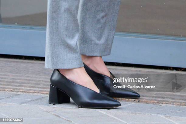 Queen Letizia of Spain, shoes detail attends a meeting at the AECC on January 24, 2023 in Madrid, Spain.