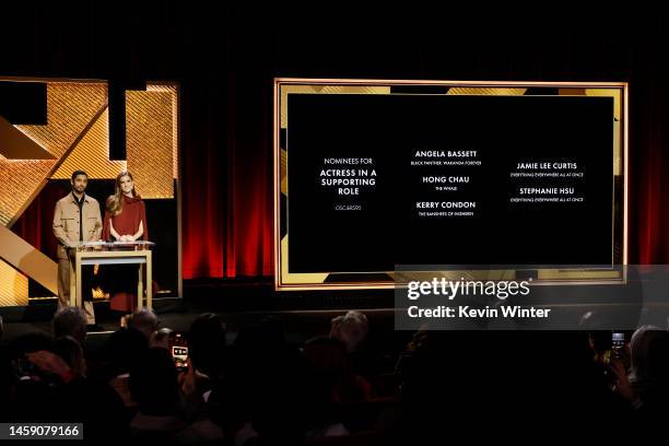 Riz Ahmed and Allison Williams speak onstage as the nominees for Actress In a Supporting Role are announced during the the 95th Academy Award...