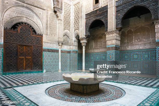 interior of madrasa mosque in fez, morocco - fez fotografías e imágenes de stock