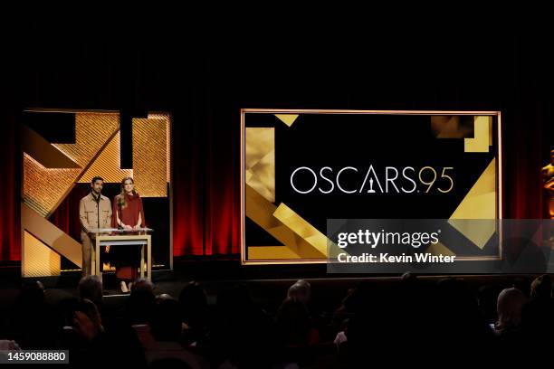 Riz Ahmed and Allison Williams speak onstage at the announcement of the 95th Academy Award nominations at Samuel Goldwyn Theater on January 24, 2023...