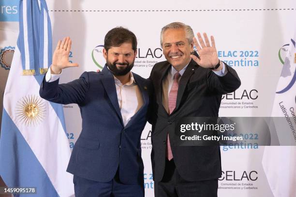 President of Argentina Alberto Fernandez poses with president of Chile Gabriel Boric as part of the Community of Latin American and Caribbean States...