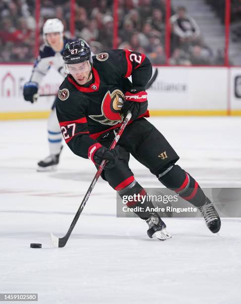 Dylan Gambrell of the Ottawa Senators skates against the Winnipeg Jets at Canadian Tire Centre on January 21, 2023 in Ottawa, Ontario, Canada.
