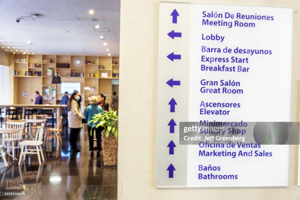 Bogota, Colombia, Holiday Inn Express Bogota DC, bilingual direction sign lobby, meeting room, restaurant, bathroom, mini market