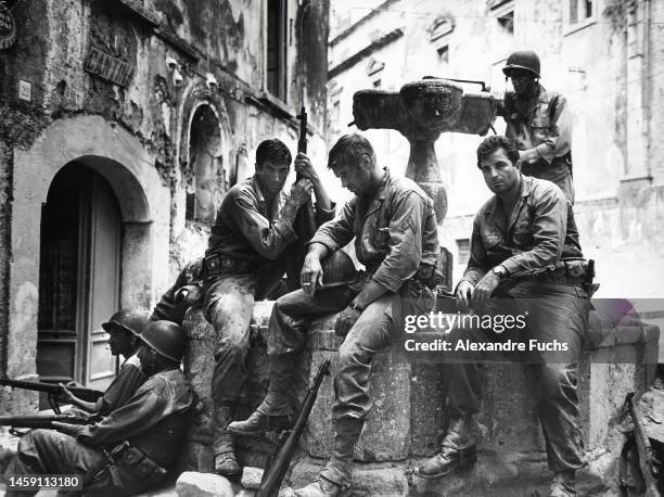 Salerno, Italy Actors George Peppard, Vince Edwards and George Hamilton during the filming of "The Victors" in Salerno, Italy.