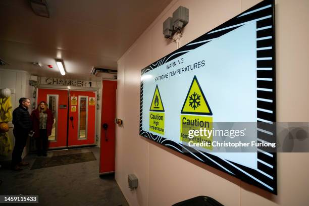 Warning signs are seen inside the Energy House 2 research facility at Salford University on January 24, 2023 in Salford, England. The Energy House 2...