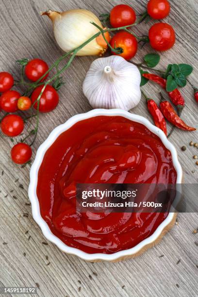 high angle view of ingredients on table,romania - tomato sauce stock pictures, royalty-free photos & images