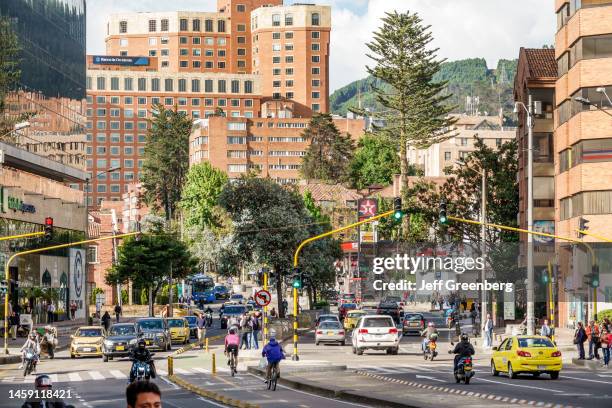 Bogota, Colombia, Chapinero Norte Avenida Carrera 7, busy road with traffic and surrounding high rises.