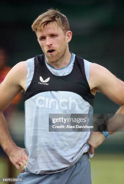 David Willey of England reacts during a England Nets Session at Mangaung Oval on January 24, 2023 in Bloemfontein, South Africa.