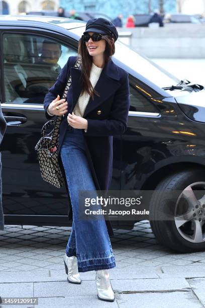 Anne Hathaway is seen during Paris Fashion Week - Haute Couture Spring Summer on January 24, 2023 in Paris, France.