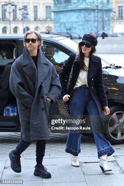 Adam Shulman and Anne Hathaway are seen during Paris Fashion Week - Haute Couture Spring Summer on January 24, 2023 in Paris, France.