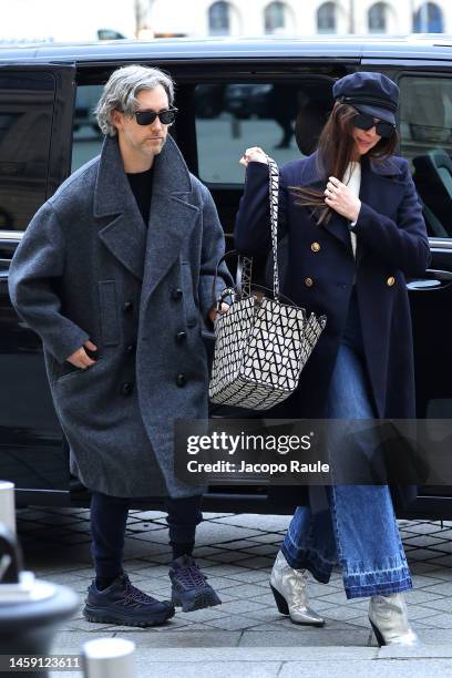 Adam Shulman and Anne Hathaway are seen during Paris Fashion Week - Haute Couture Spring Summer on January 24, 2023 in Paris, France.