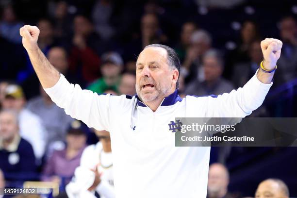 Head coach Mike Brey of the Notre Dame Fighting Irish reacts after a play in the game against the Boston College Eagles at Joyce Center on January...