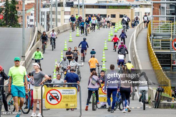 Bogota, Colombia, Usaquen Puente Avenida, Calle 116 crossing Avenida Carrera 7, Ciclovia Sunday event that prohibits cars so bikers, pedestrians and...