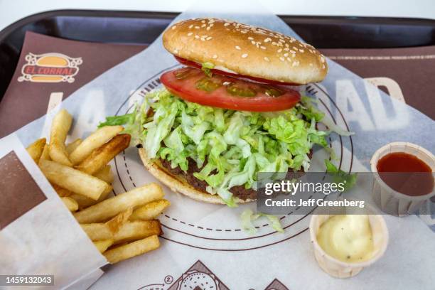 Bogota, Colombia, Chapinero Centro, Andino Shopping Mall, El Corral hamburger platter with fries lettuce tomato.