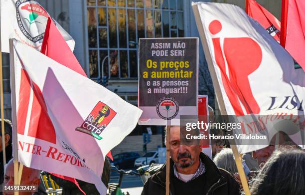 Pensioners hold posters and flags while gathering to protest in Alameda Dom Afonso Henriques against the rising cost of living on January 24 in...