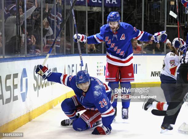 Jimmy Vesey of the New York Rangers celebrates his second period goal against the and is joined by Barclay Goodrow at Madison Square Garden on...