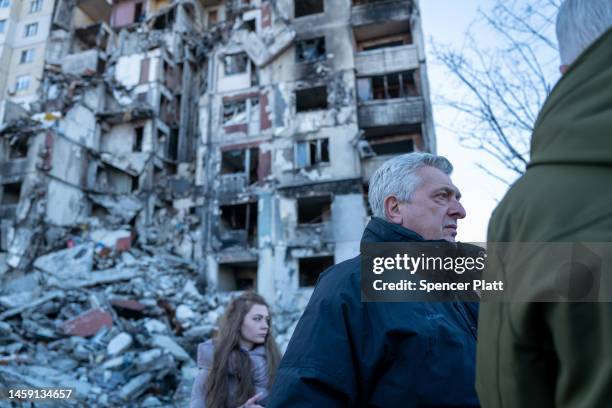 Filippo Grandi, the United Nations High Commissioner for Refugees, tours a neighborhood in Kharkiv that was heavily damaged by the Russians on...