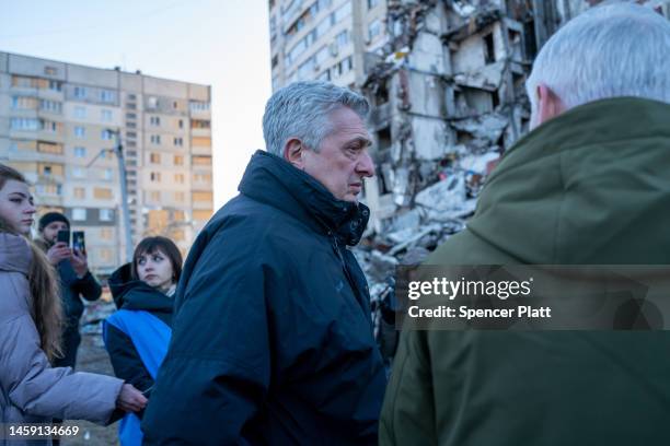 Filippo Grandi, the United Nations High Commissioner for Refugees, tours a neighborhood in Kharkiv that was heavily damaged by the Russians on...