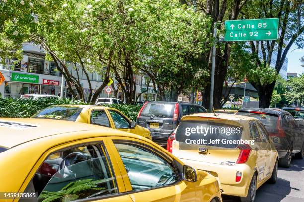 Bogota, Colombia, El Chico, taxi cabs caught in heavy traffic.