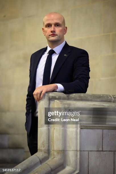 Leader of the Scottish National Party in the House of Commons Stephen Flynn poses for a portrait in the Houses of Parliament on January 24, 2023 in...