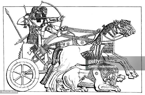 old engraving illustration of assyrian war chariot - irakische kultur stock-fotos und bilder