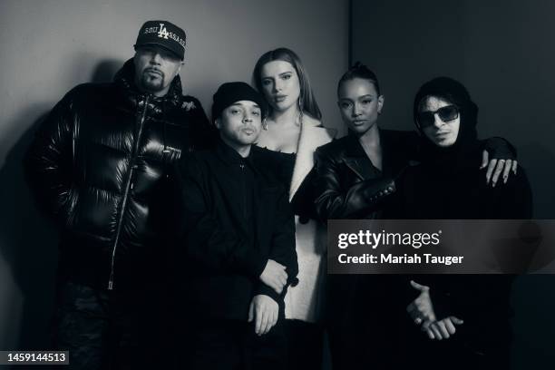 Muggs, Jason Genao, Bella Thorne, Karrueche Tran and Moises Arias of ‘Divinity’ are photographed for Los Angeles Times at the Los Angeles Times...