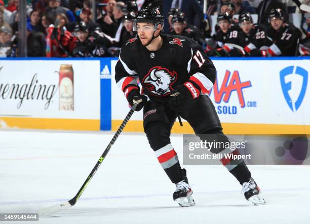 Tyson Jost of the Buffalo Sabres skates against the Anaheim Ducks during an NHL game on January 21, 2023 at KeyBank Center in Buffalo, New York.