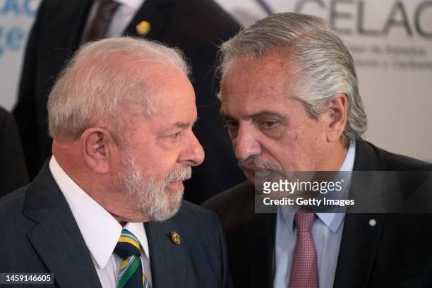 President of Argentina Alberto Fernandez and President of Brazil Luiz Inacio Lula Da Silva speak as they prepare for the family photo as part of the...