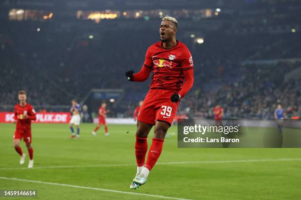 Benjamin Henrichs of RB Leipzig celebrates after scoring the team's second goal during the Bundesliga match between FC Schalke 04 and RB Leipzig at...