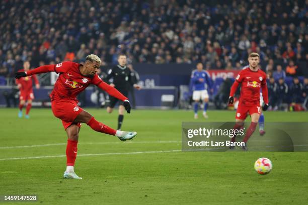 Benjamin Henrichs of RB Leipzig scores the team's second goal during the Bundesliga match between FC Schalke 04 and RB Leipzig at Veltins-Arena on...